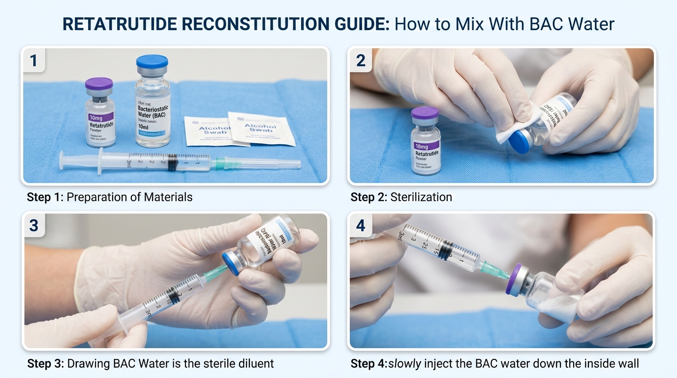 does retatrutide need bac water I get asked questions about this subject a lot. Here's a simple  explanation: If you have a 10mg vial of Retatrutide: If you add 1cc (100  units) of water.. Each .1 (10 main image 1